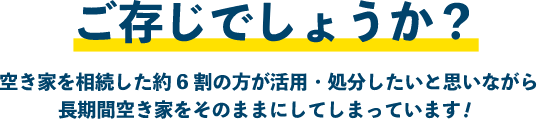 ご存知でしょうか？ 空き家を相続した約6割の方が活用・処分したいと思いながら長期間空き家をそのままにしてしまっています！